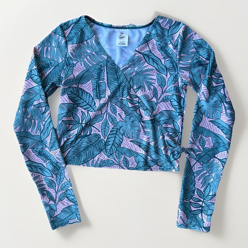 Art Class Tropical Swim Top Girls Size 14/16 XL Rash Guard Long Sleeve Green